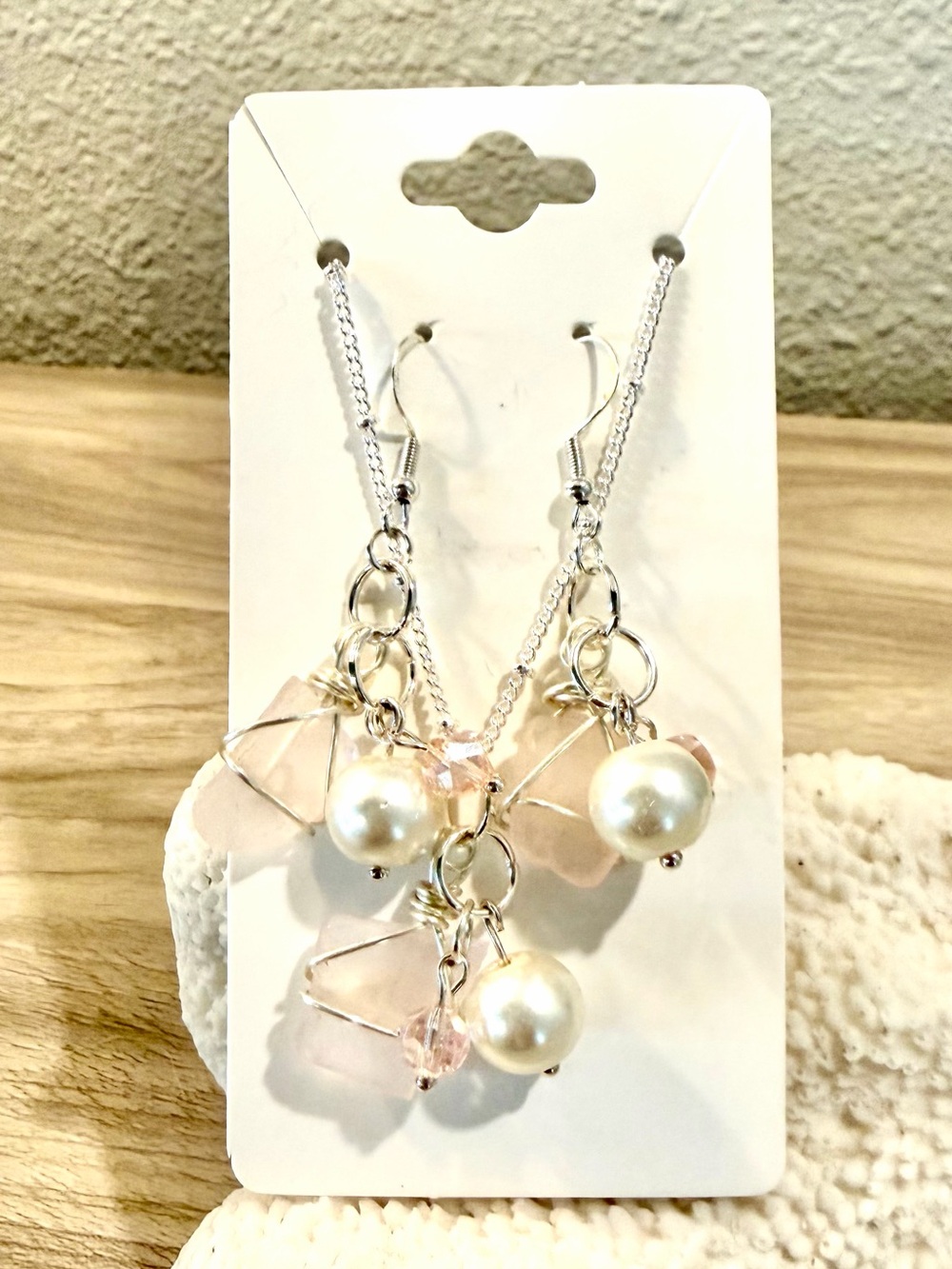 81. Delicate Pink sea glass Pearl Dangle Necklace & Earrings Set